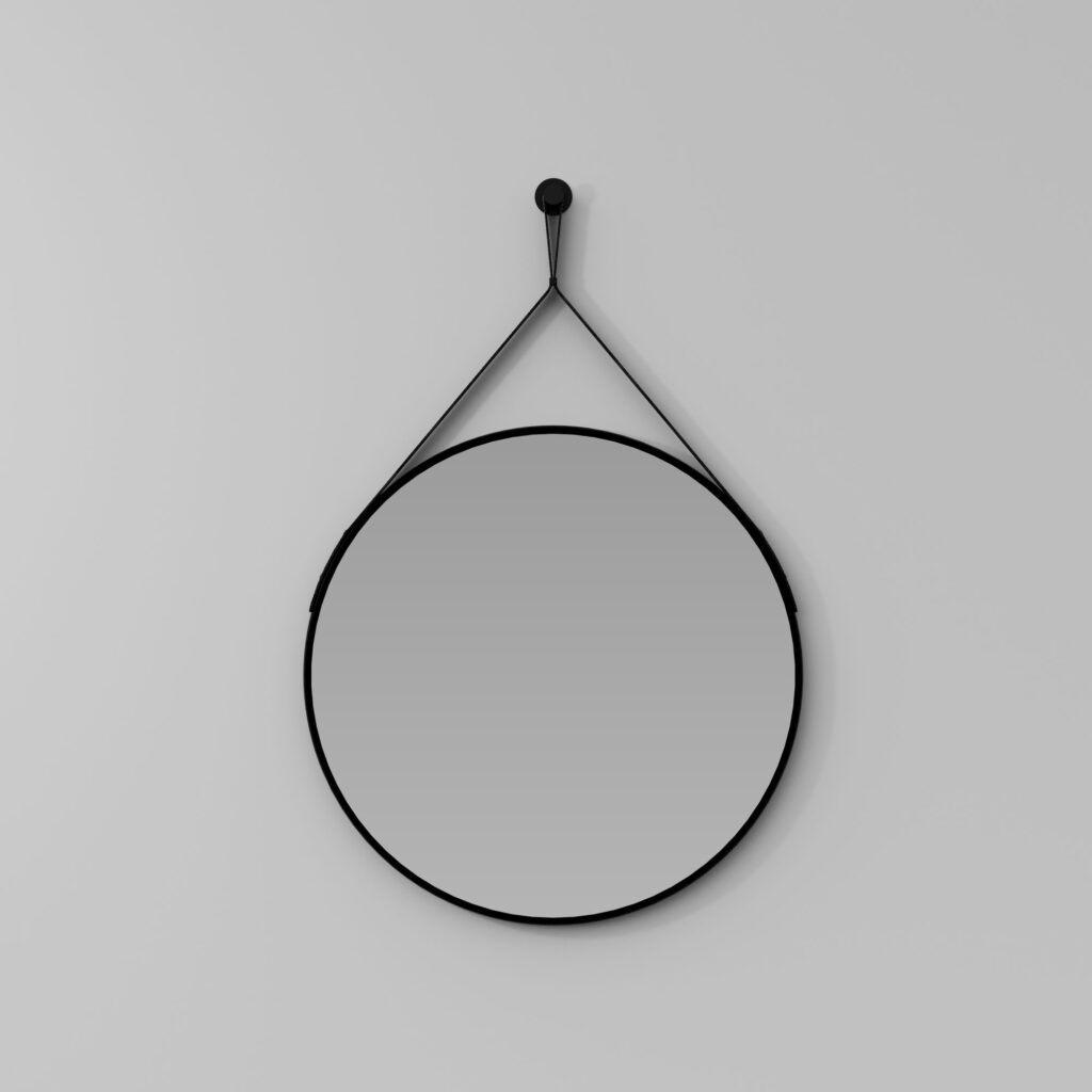 Espejo redondo Ring de metal pintado y cinturón de piel ecológica Negra   - Ideagroup