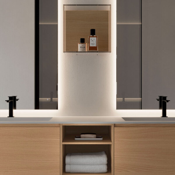 Estantes abiertos como elemento de apoyo para objetos de uso diario que añade dinamismo a la composición